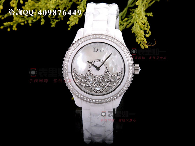 迪奧Dior 女士時尚石英腕表 白色陶瓷 貝母面 轉(zhuǎn)運(yùn)擺扇 38*13mm