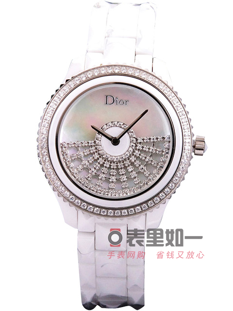 迪奧Dior 女士時尚石英腕表 白色陶瓷 貝母面 轉(zhuǎn)運(yùn)擺扇 38*13mm